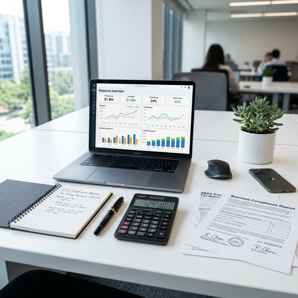 Modern corporate desk workspace with financial documents, laptop and calculator