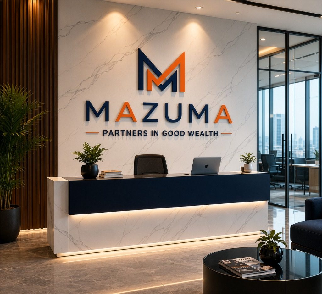 Mazuma India luxury reception desk with 3D company logo wall